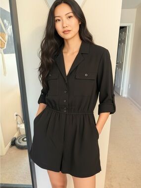 Zara Black Collared Utility Romper with Elastic Waist